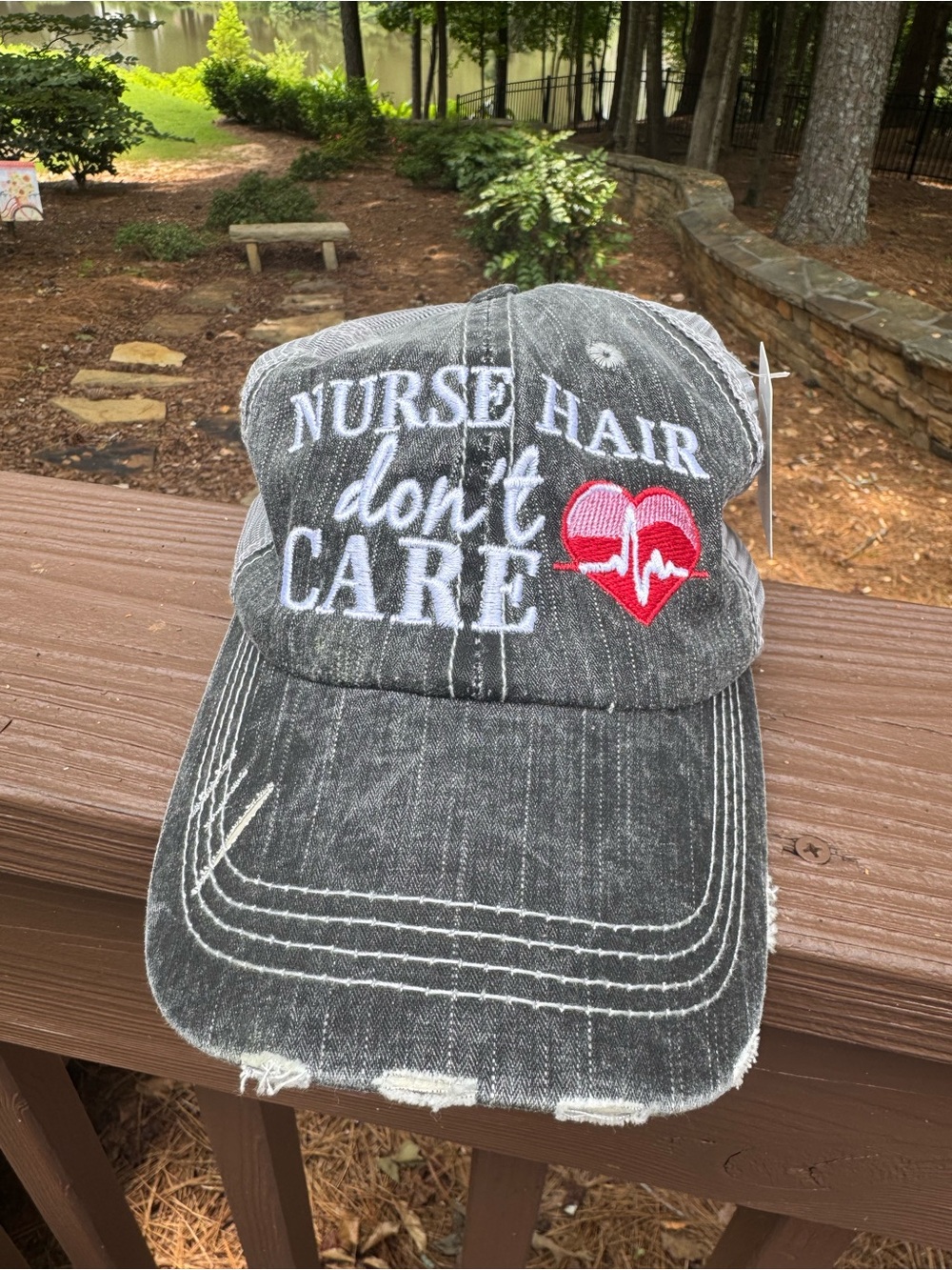 Katydid Gray 'Nurse Hair Don't Care' Distressed Baseball Cap with Red Heart